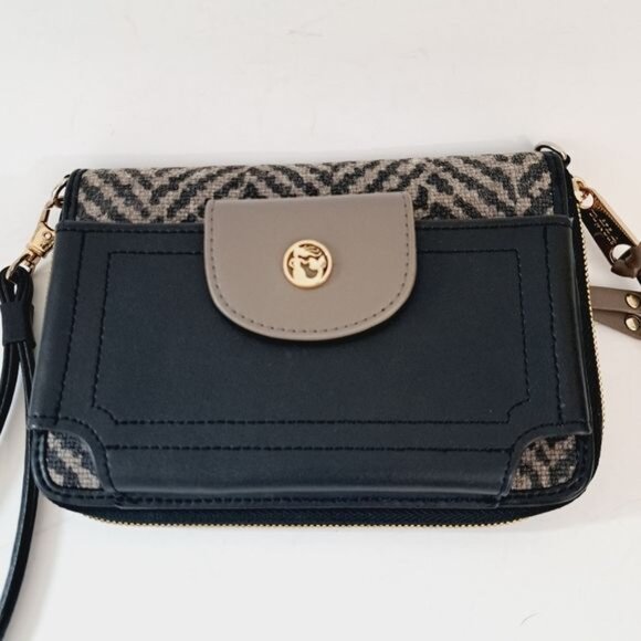 Spartina 499 Moonglow Leather & Linen Crossbody Clutch Black & Taupe - Picture 5 of 7